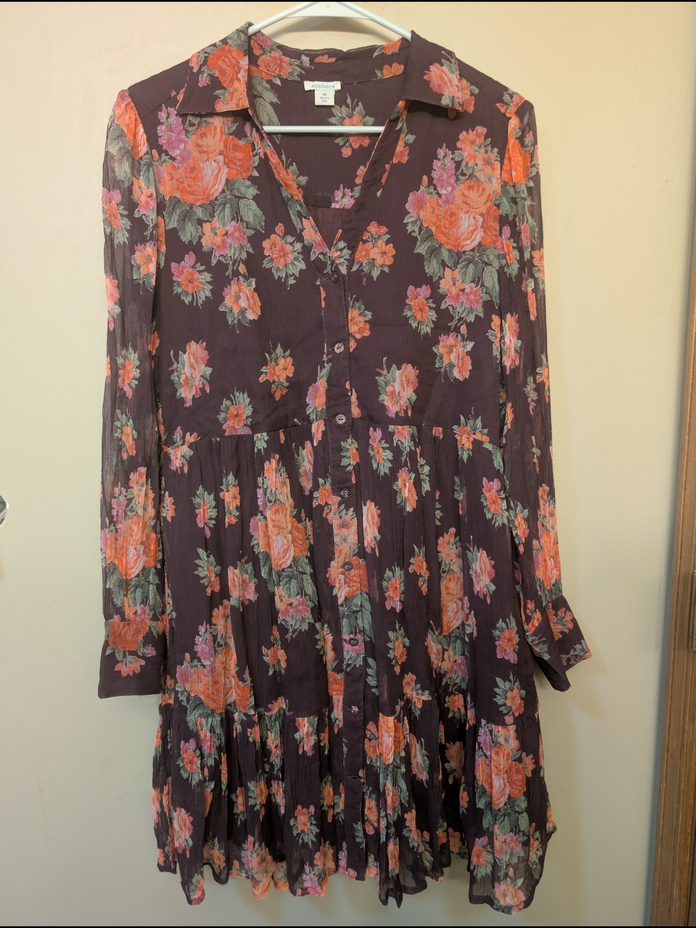 Sundance Plum Floral Long-Sleeve Button Dress with Coral Roses